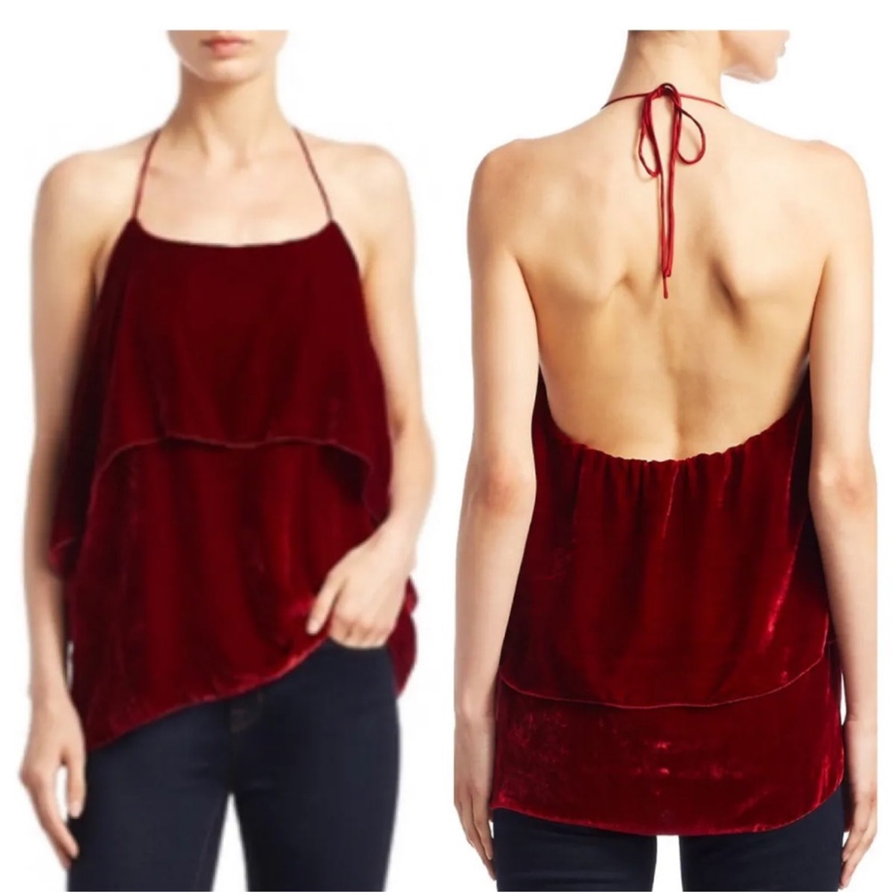 Alice+Olivia Marybeth Ruby Red Velvet Silk Layered Halter Top Size Medium